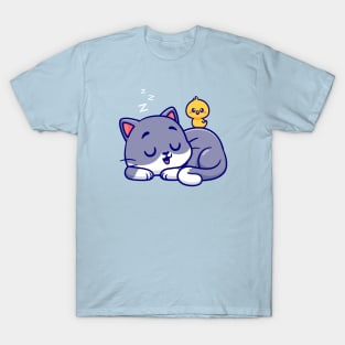 Cute Cat Sleeping With Chick Cartoon T-Shirt